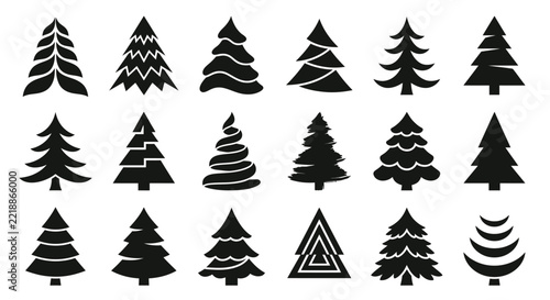Black Silhouette Pine Tree Shapes Collection Vector Illustration