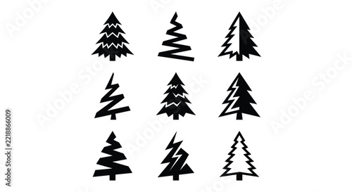Collection of evergreen tree silhouettes on a white background