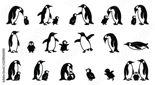 Penguin silhouettes depict family groups on a white background
