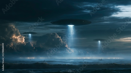 Alien spaceship saucers hovering over dark landscape beaming bright light down through stormy clouds at night
