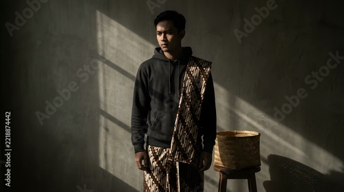 A handsome young Indonesian male model showcasing a creative fusion of modern casual wear and traditional culture, wearing a black hoodie and batik sarong against a textured concrete wall.