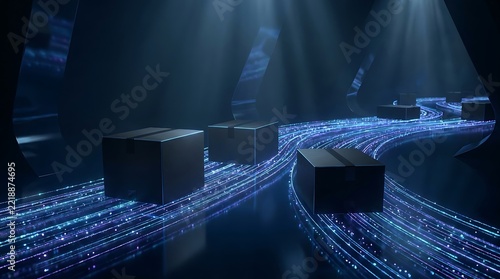 Cardboard delivery boxes moving along a futuristic glowing digital conveyor belt