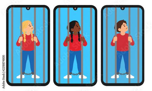 Diverse kids trapped inside smartphone cages smartphone addiction PNG