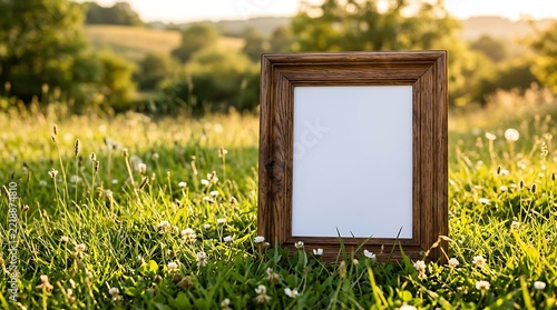 Empty wooden picture frame standing in a grassy meadow during sunset