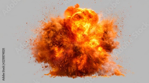 Fiery explosion fireball blast with smoke and sparks detonating against a plain studio background