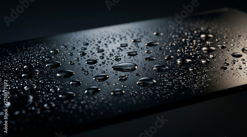 Water droplets on a smooth dark matte surface in macro view with water drops