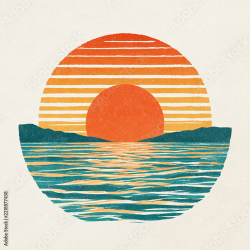 Retro Sunset Vintage Design for Print on Demand Featuring Colorful Sun and Waves