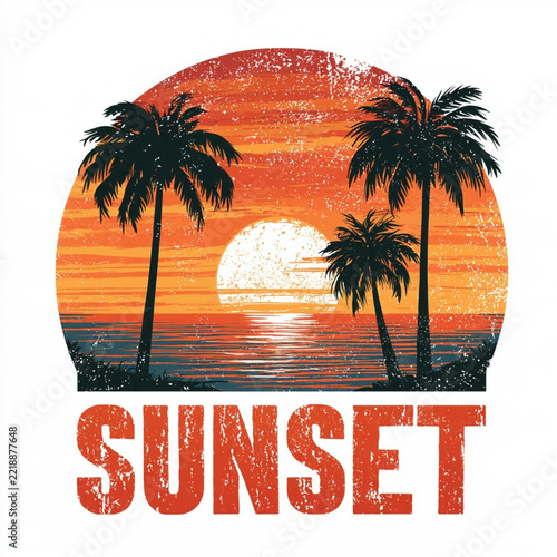Retro Sunset Design with Vintage Elements and Tropical Palm Trees for Print on Demand Projects