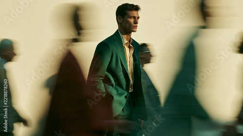 Luxury Christmas and New Year Menswear Campaign with Elegant Man in Emerald Green Jacket and Dynamic Pedestrian Motion Blur