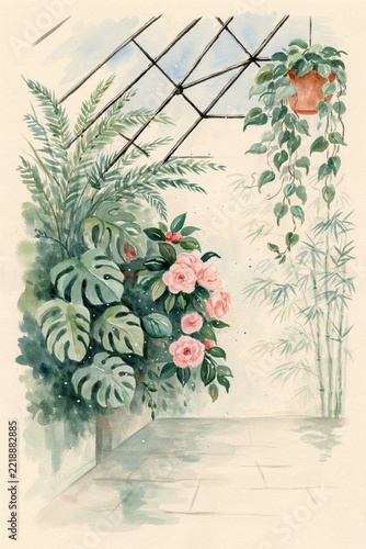 Winter garden in a glass-roofed greenhouse: ferns, a monstera plant, and a blooming camellia; watercolor illustration on warm cream-colored paper, greeting card