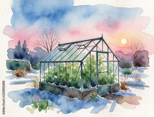 A small glass greenhouse with plants set against a rustic evening landscape; a loose-style watercolor illustration