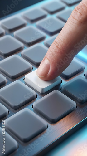 ​Extreme close-up of human index finger pressing white blank key on modern metallic computer keyboard
