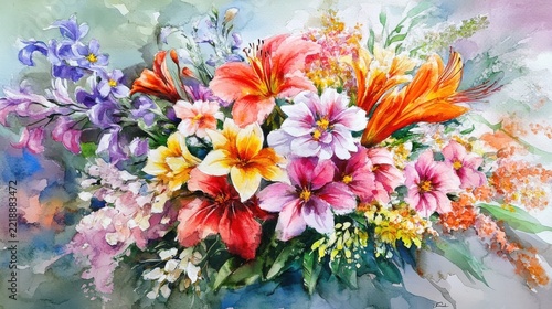 Beautiful Watercolor Floral Bouquet Painting with Vibrant Lilies and Spring Flowers