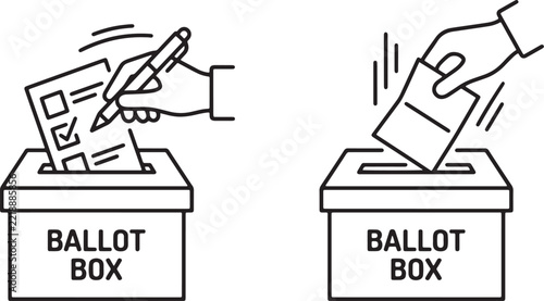 Political election ballot box illustrations featuring hands marking voting forms and casting votes.