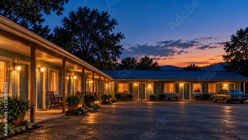 Quiet American Small Town Motel Courtyard at Blue Hour with Warm Room Lights