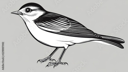 Minimalist black and white art illustration of small songbird standing in profile on grey background