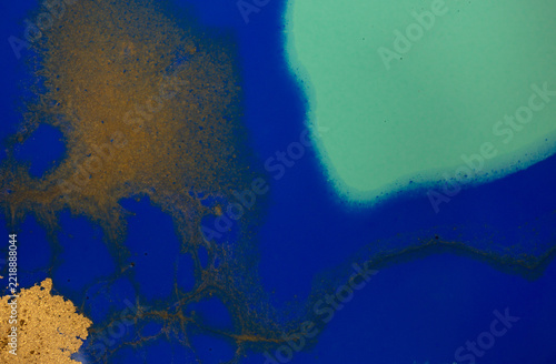 Abstract wave blue and gold marble background. Original Hand-drawn artwork made with ink on paper