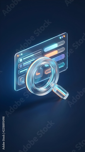 ​Transparent glass magnifying glass focusing on glowing digital user interface dashboard with charts and analytics on dark background