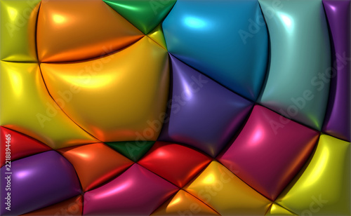 Abstract colorful background featuring three-dimensional, glossy mosaic elements with highlights and gradients. 3D rendered illustration.
