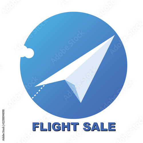 Paper airplane flying in blue circle for flight sale.