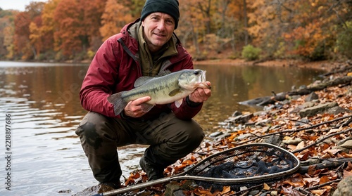 Fisherman holding caught bass fish on lake shore during autumn. Angler kneeling with largemouth bass and landing net by water