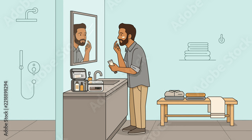 Man shaving in bathroom, hygiene, morning routine, self care, grooming, illustration