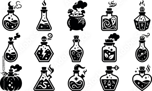 A captivating collection of halloween potion and magic vector icons beautifully designed for spooky season projects and enchanting visual storytelling