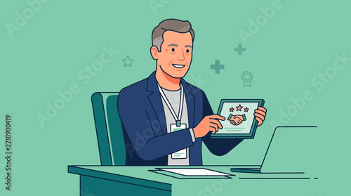 Man presenting business award on tablet, sitting at desk with laptop, isolated