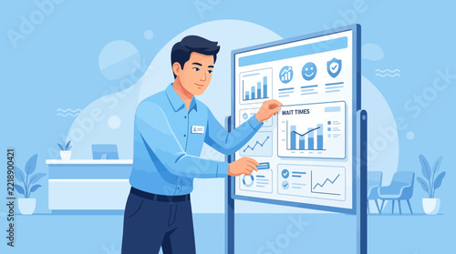 Man Presenting Business Data Charts on Whiteboard