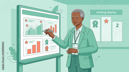 Man presenting business growth charts and rankings on whiteboard, isolated