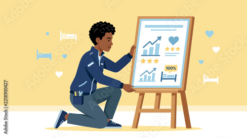 Man presenting business growth strategy with charts and icons