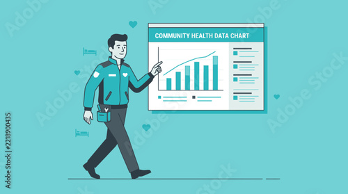 Man Presenting Community Health Data Chart with Graphs and Icons