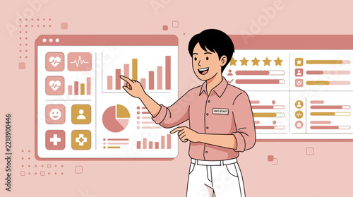 Man presenting data analysis with charts and graphs on transparent background