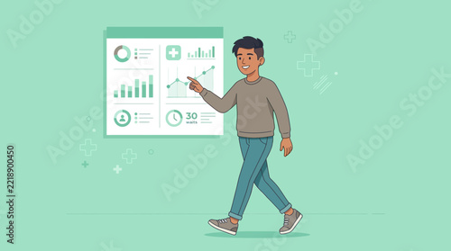 Man Presenting Data Analytics Dashboard with Charts and Graphs