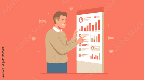 Man presenting data analytics on a digital display, smiling confidently.