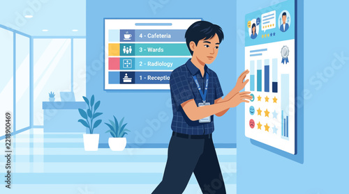 Man Interacting with Digital Dashboard in Modern Office