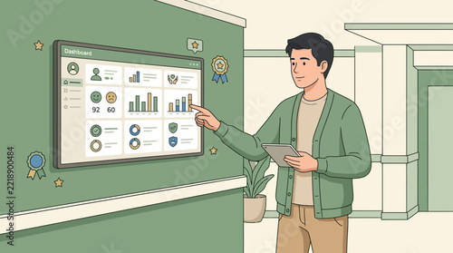 Man interacting with digital dashboard, data analytics, business intelligence