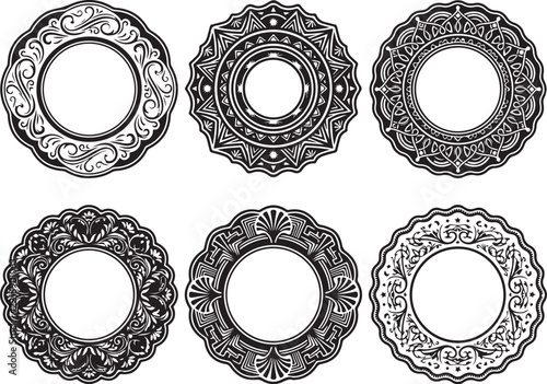 Vintage ornamental round frame vector set, ornate decorative circle borders, black vintage badge elements