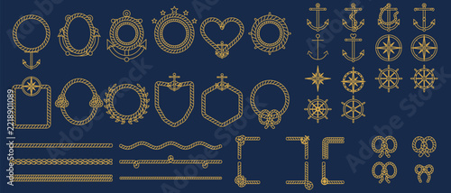 Nautical rope frames and borders. Gold line anchors, compass roses, ship wheels, knots, laurel wreath, heart and shield frames. Rope dividers, corners and cord elements for logo, label. Vector set