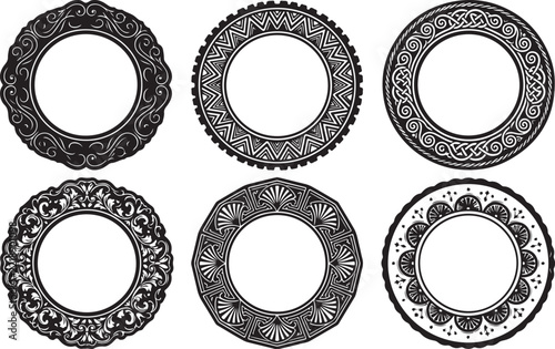 Vintage ornamental round frame vector set, ornate decorative circle borders, antique black and white graphic design elements