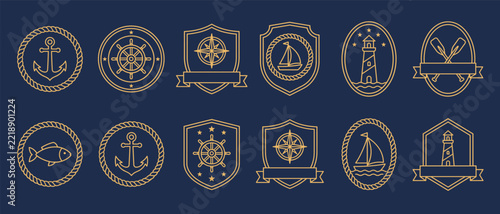 Nautical emblem badges with anchor, ship wheel, lighthouse, sailboat, oars and fish. Gold thin line sea logo shields, oval and round rope frames with ribbon banners. Sailing club label vector set
