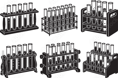 Vintage laboratory test tube rack vector set, monochrome science glassware illustrations, retro chemistry lab equipment collection for educational design
