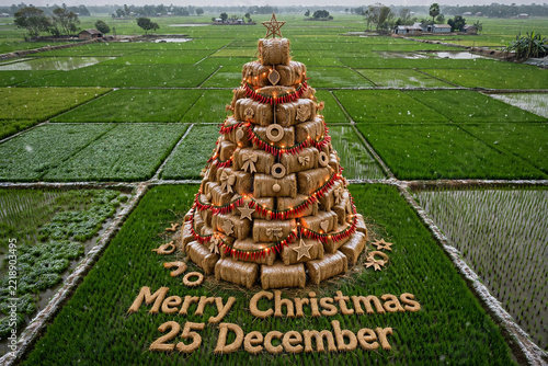 Festive conceptual illustration of a Christmas tree made of straw bales in a green paddy field with Merry Christmas 25 December text