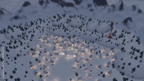 Aerial view of Santa Claus sleigh with reindeer circling over a snowy Christmas village at night, descending camera, 3D animation	
