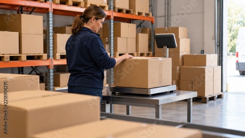 Worker weighs package in warehouse during busy day at shipping center