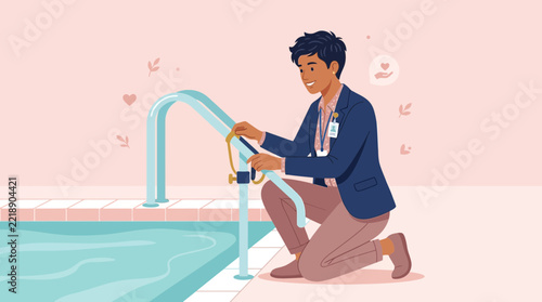 Healthcare worker checking pool handrail for safety, water safety