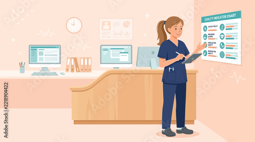 Healthcare Worker Checking Patient Chart on Wall Display at Computer Desk