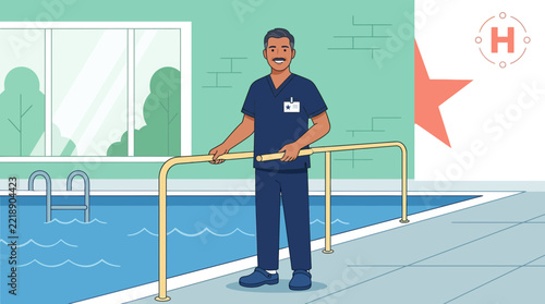 Healthcare worker by therapy pool, rehabilitation, assisted swimming
