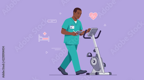 Healthcare worker checking stationary bike, medical icons, fitness