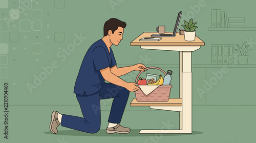 Healthcare worker delivering snack basket to colleague, modern office setting
